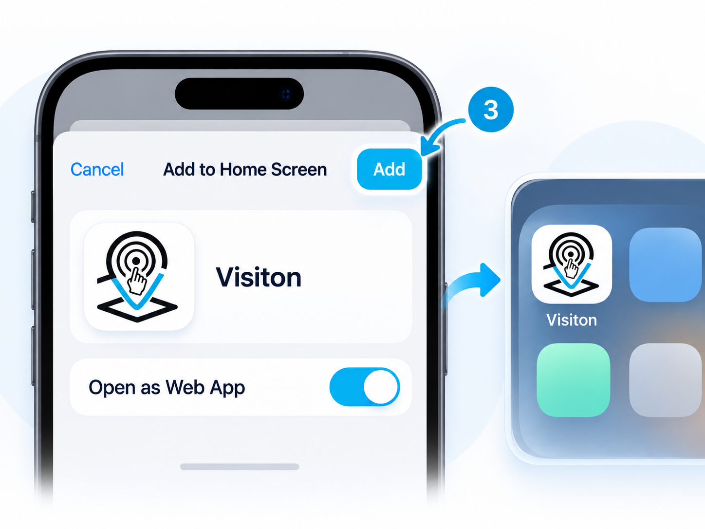 روشن کردن Open as Web App و تأیید Add برای نصب ویزیتان روی آیفون