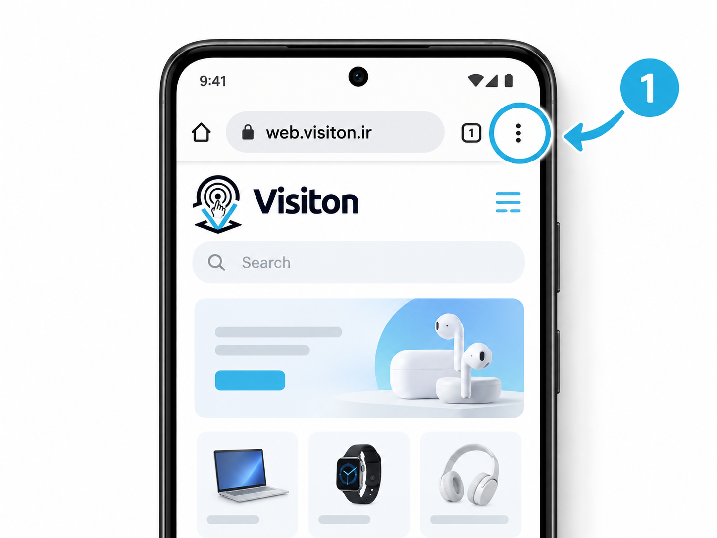 بازکردن منوی سهنقطه Chrome در صفحه web.visiton.ir