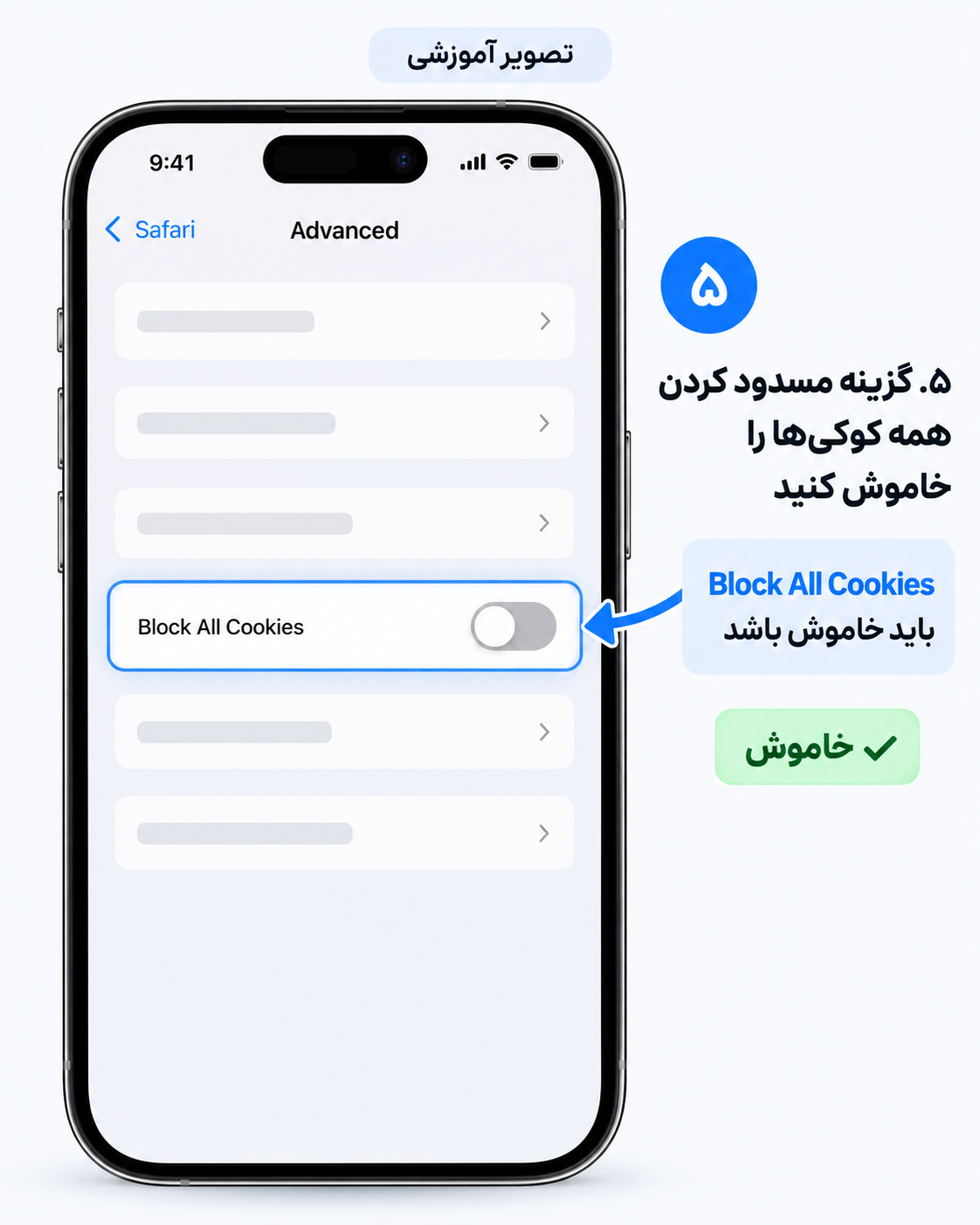 خاموشکردن Block All Cookies در تنظیمات Safari آیفون